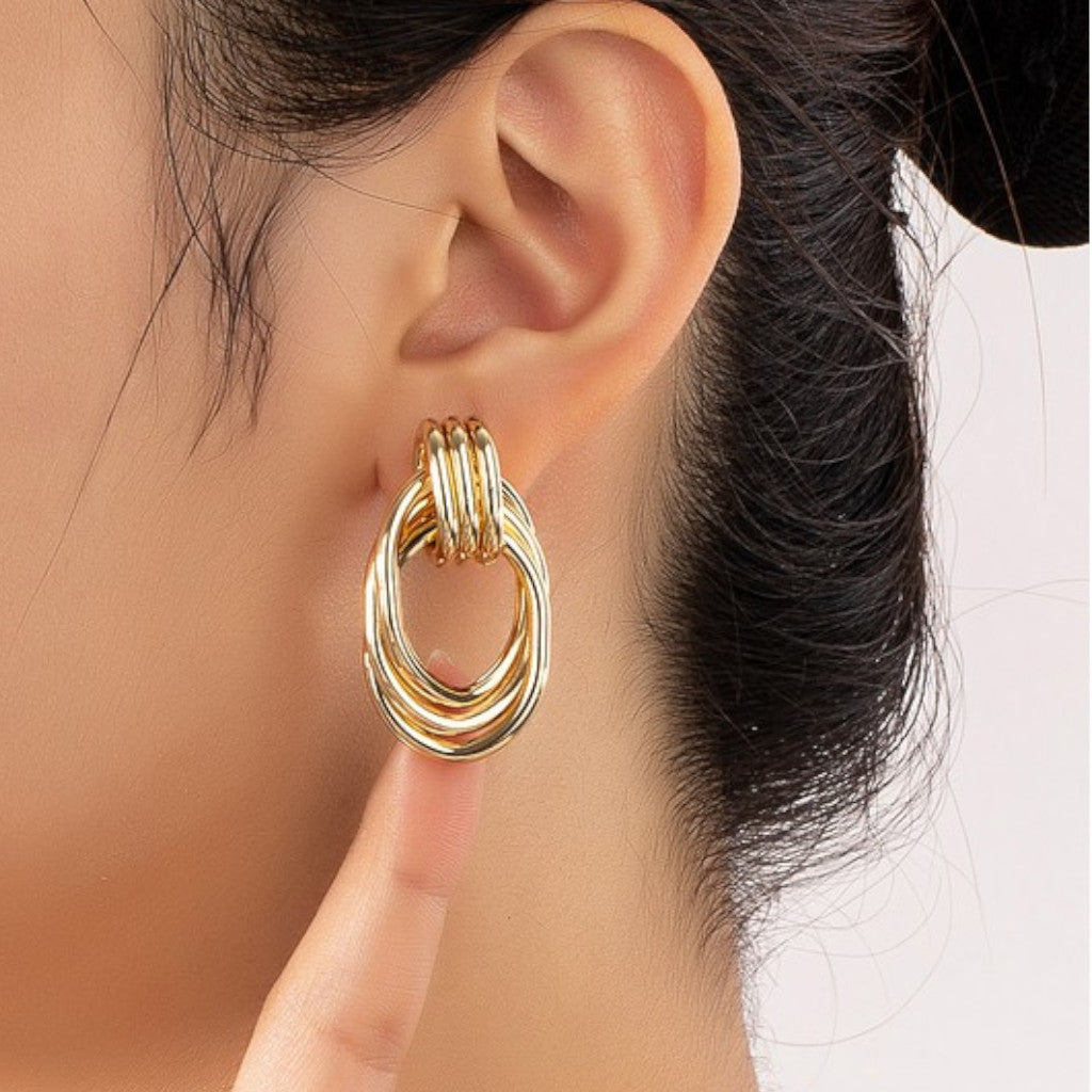 Trio Metal Knot and Hoop Earrings on Ear