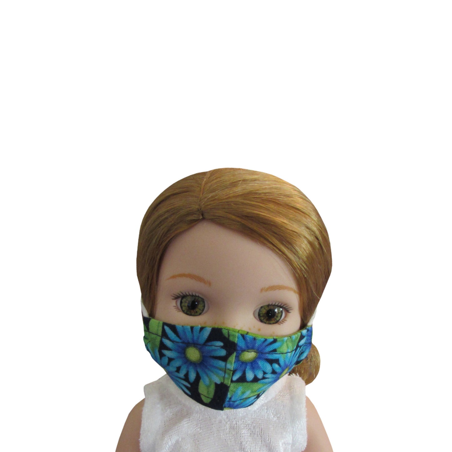 Turquoise Floral on Navy Print Doll Face Mask for 14 1/2-inch dolls with Wellie Wishers doll Front