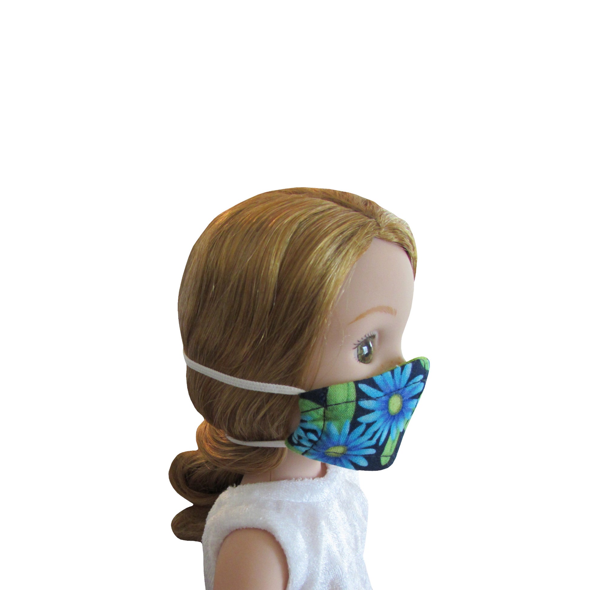 Turquoise Floral on Navy Print Doll Face Mask for 14 1/2-inch dolls with Wellie Wishers doll Side