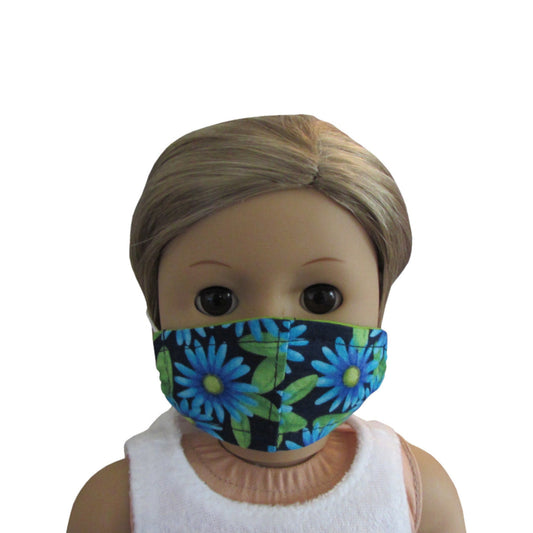 Turquoise Floral on Navy Print Doll Face Mask for 18-inch dolls with American Girl doll Front