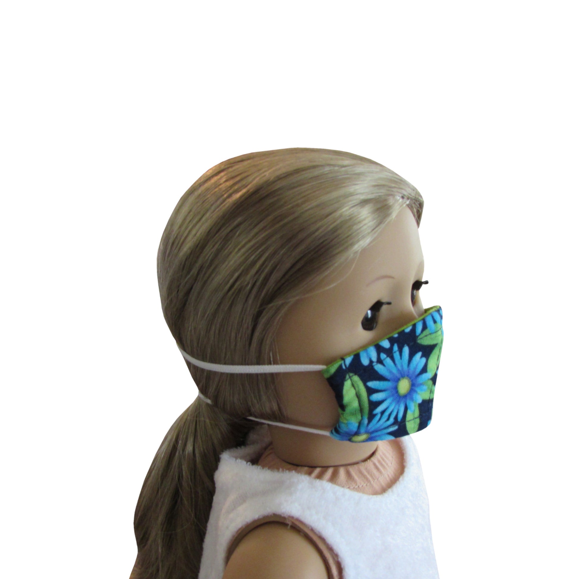 Turquoise Floral on Navy Print Doll Face Mask for 18-inch dolls with American Girl doll Side