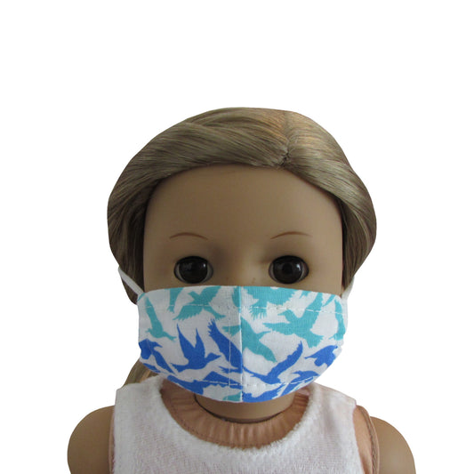 Turquoise Blue Birds Print Doll Face Mask for 18 inch dolls with doll Front view
