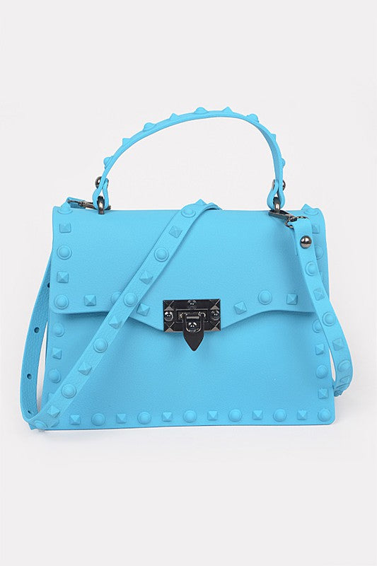 Turquoise Matte Finish Studded Convertible Jelly Bag Front view