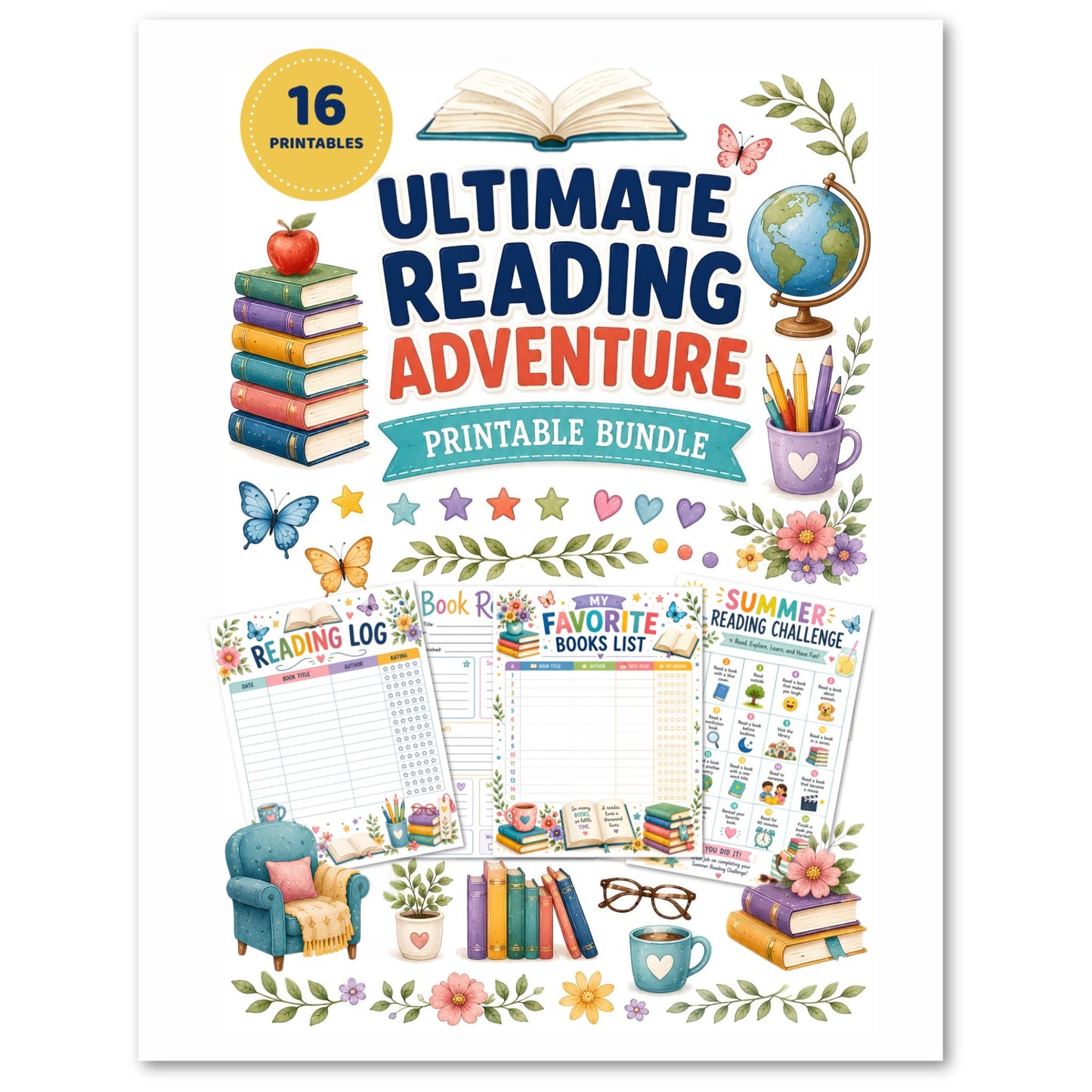 Ultimate Reading Adventure Printable Bundle Cover with books, butterflies, stars, hearts, and flowers