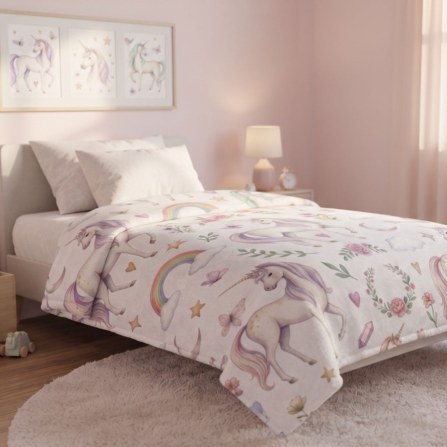 A pastel unicorn-themed minky blanket styled on a bed in a soft pink children's bedroom.
