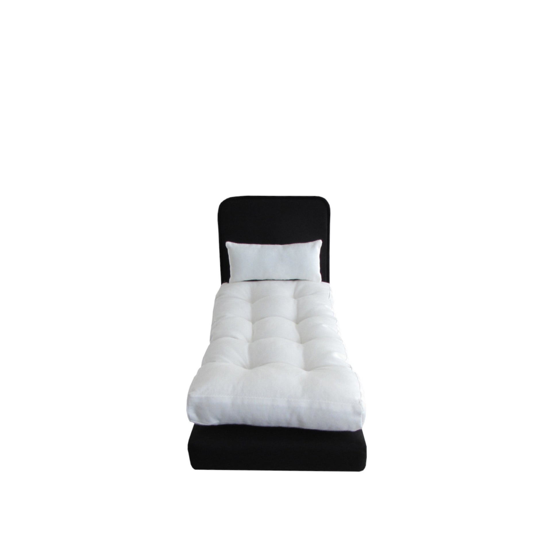 Upholstered Black Doll Bed for 11 1/2-inch and 12-inch dolls Front View