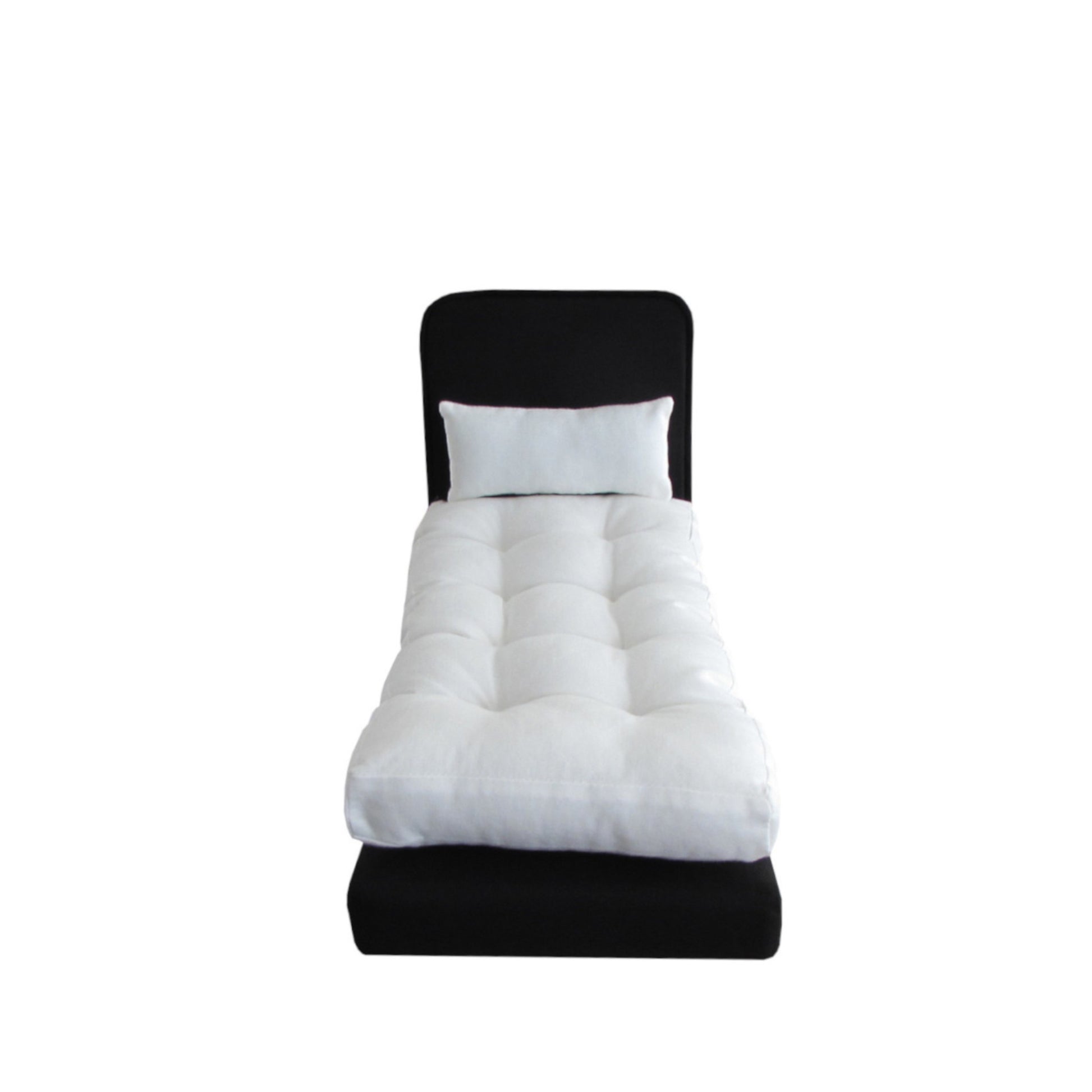 Upholstered Black Doll Bed for 11 1/2-inch and 12-inch dolls Front View