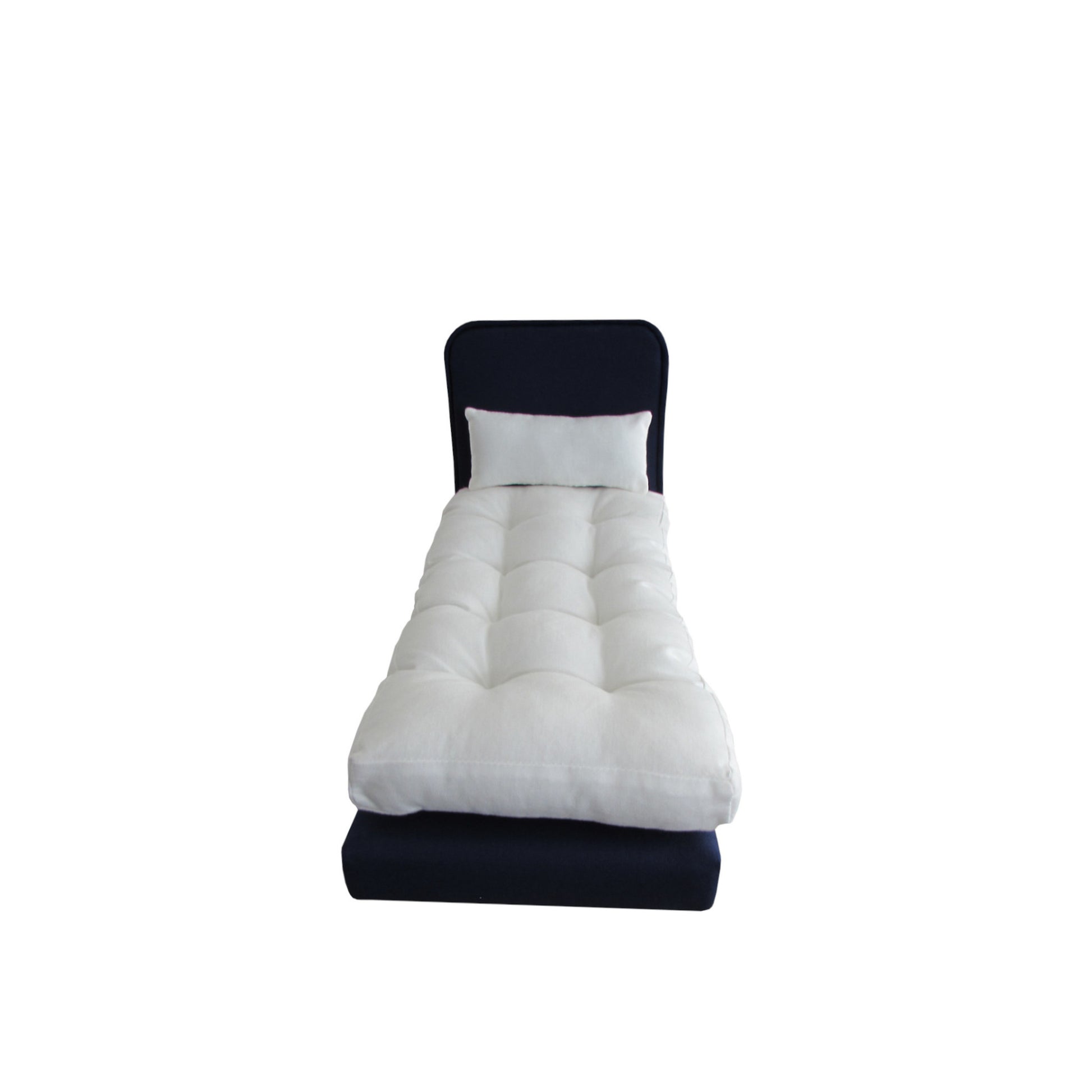Upholstered Dark Blue Doll Bed for 11 1/2-inch and 12--inch dolls Front View