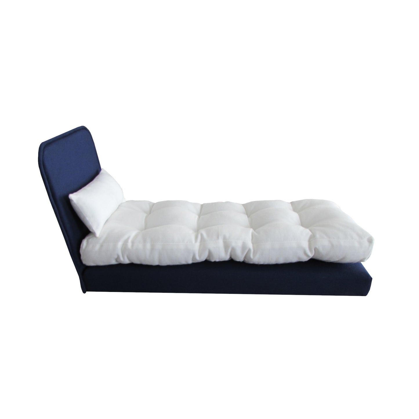 Upholstered Dark Blue Doll Bed for 11 1/2-inch and 12-inch dolls Side View