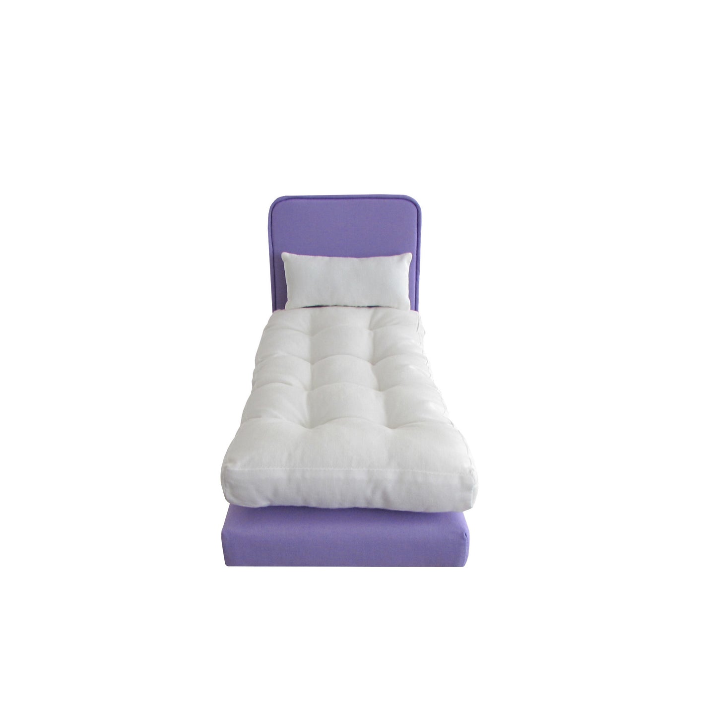 Upholstered Lavender Doll Bed for 11 1/2-inch and 12-inch dolls Front View