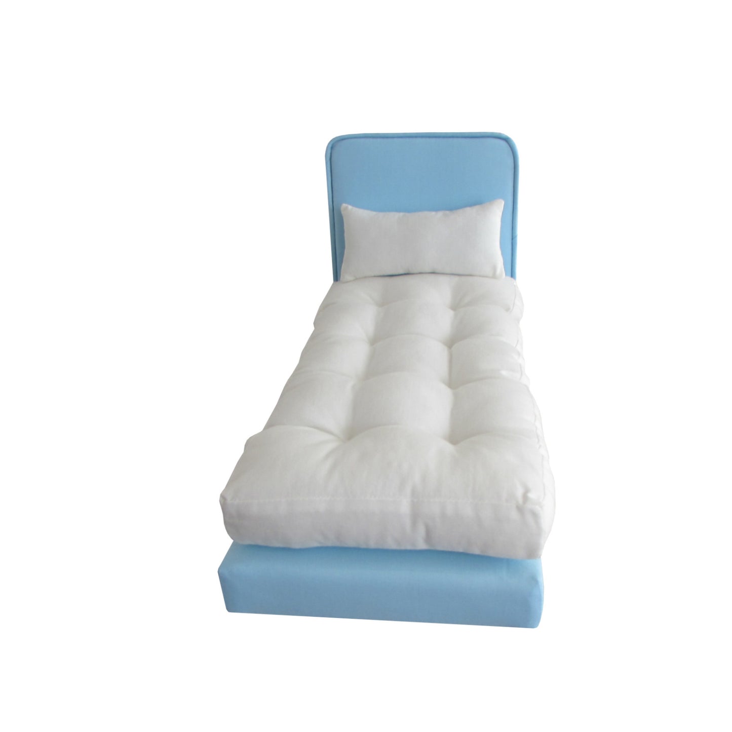 Upholstered Light Blue Doll Bed for 11 1/2-inch and 12-inch dolls Front View