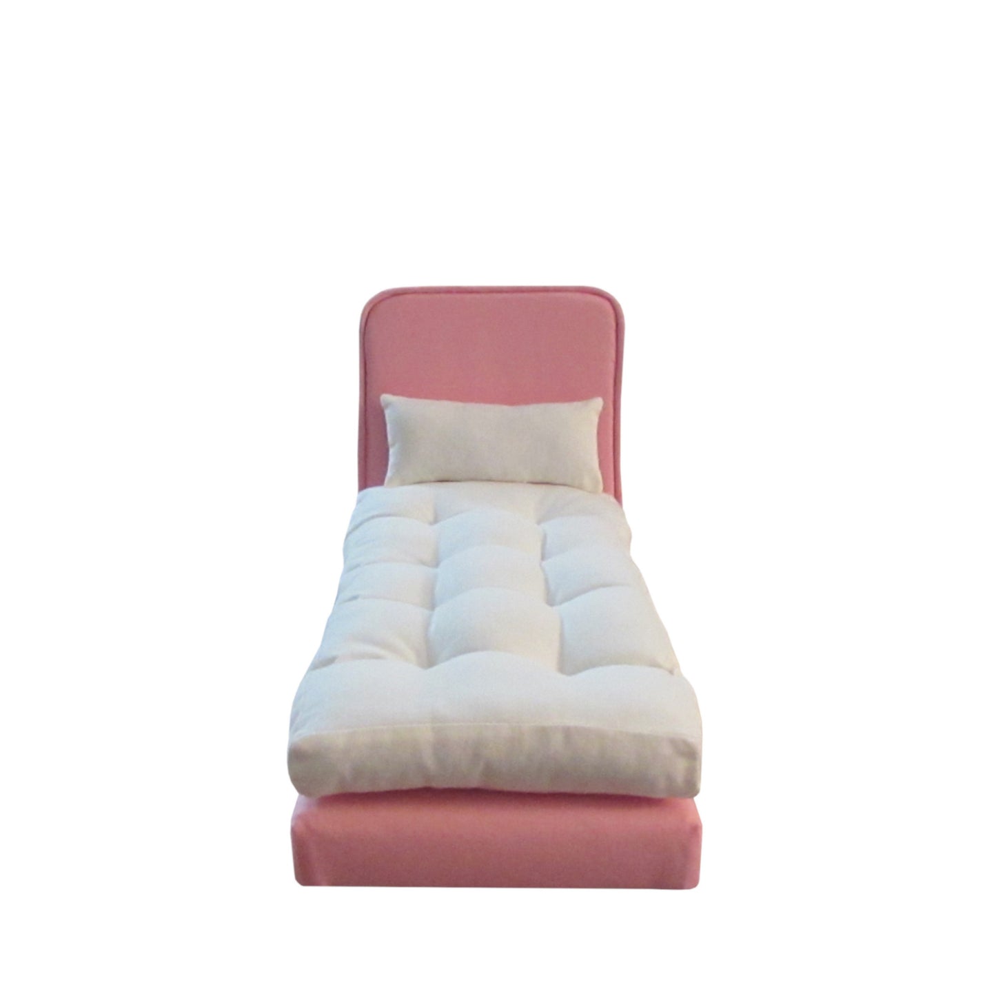 Upholstered Light Pink Doll Bed, Mattress, and Pillow for 11 1/2-inch and 12-inch dolls Front view for multiple beds