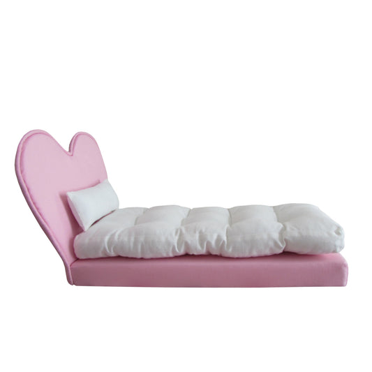 Upholstered Pink Heart Doll Bed for 11 1/2-inch and 12-inch dolls Side view