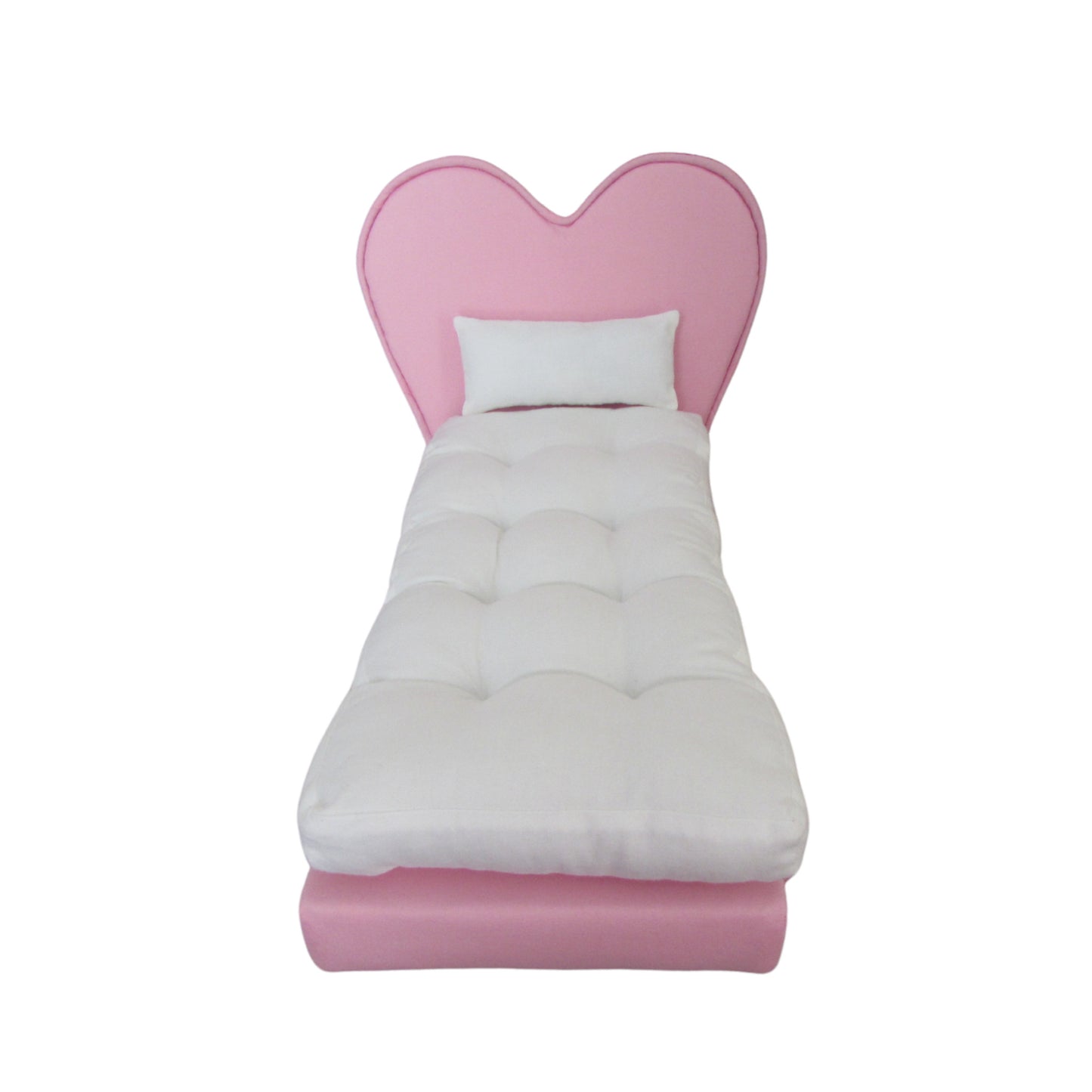 Upholstered Pink Heart Doll Bed for 11 1/2-inch and 12-inch dolls Front view