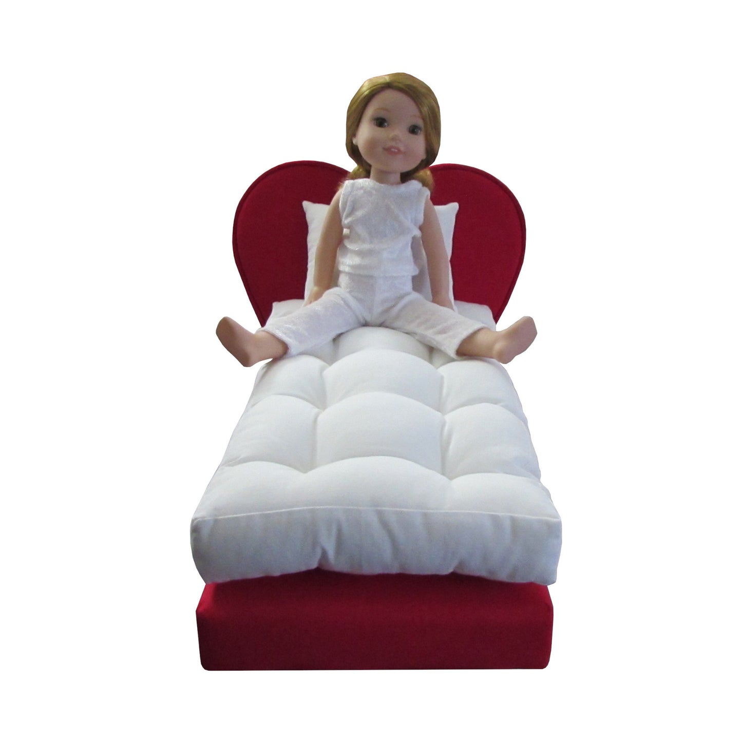 Upholstered Red Heart Doll Bed for 14 1/2 inch dolls with doll in white panne velvet pajamas