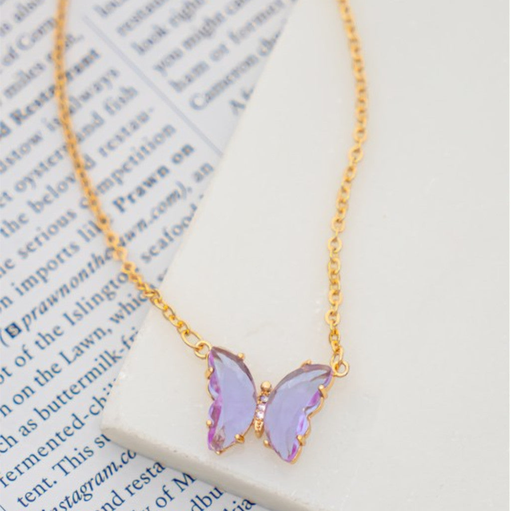 Violet Gem Stone Butterfly Pendant Necklace