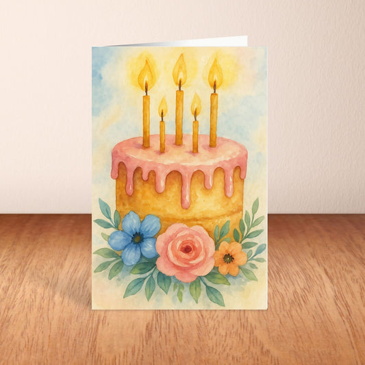 Greeting card with a watercolor illustration of a birthday cake with candles and flowers on a wooden surface.