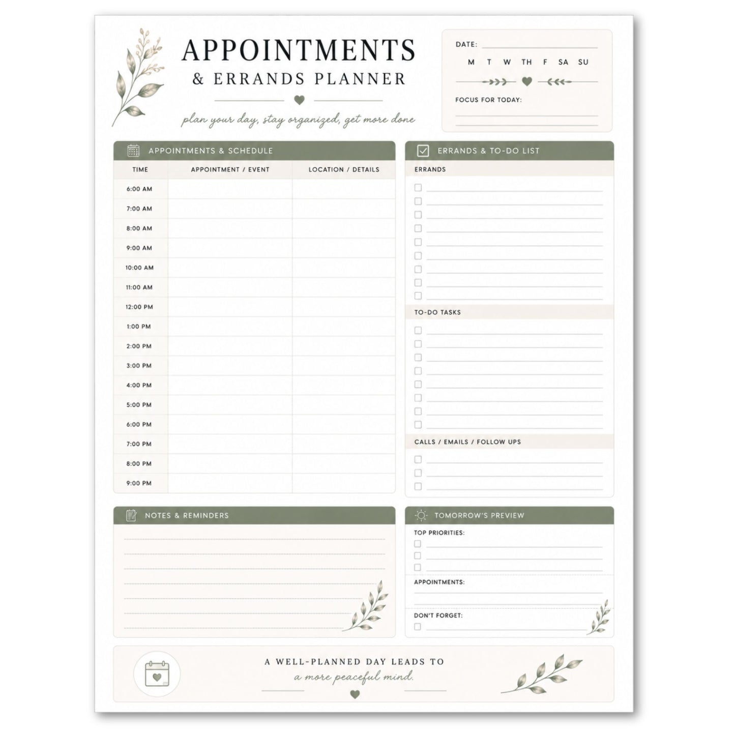 Appointments and errands planner with a white background