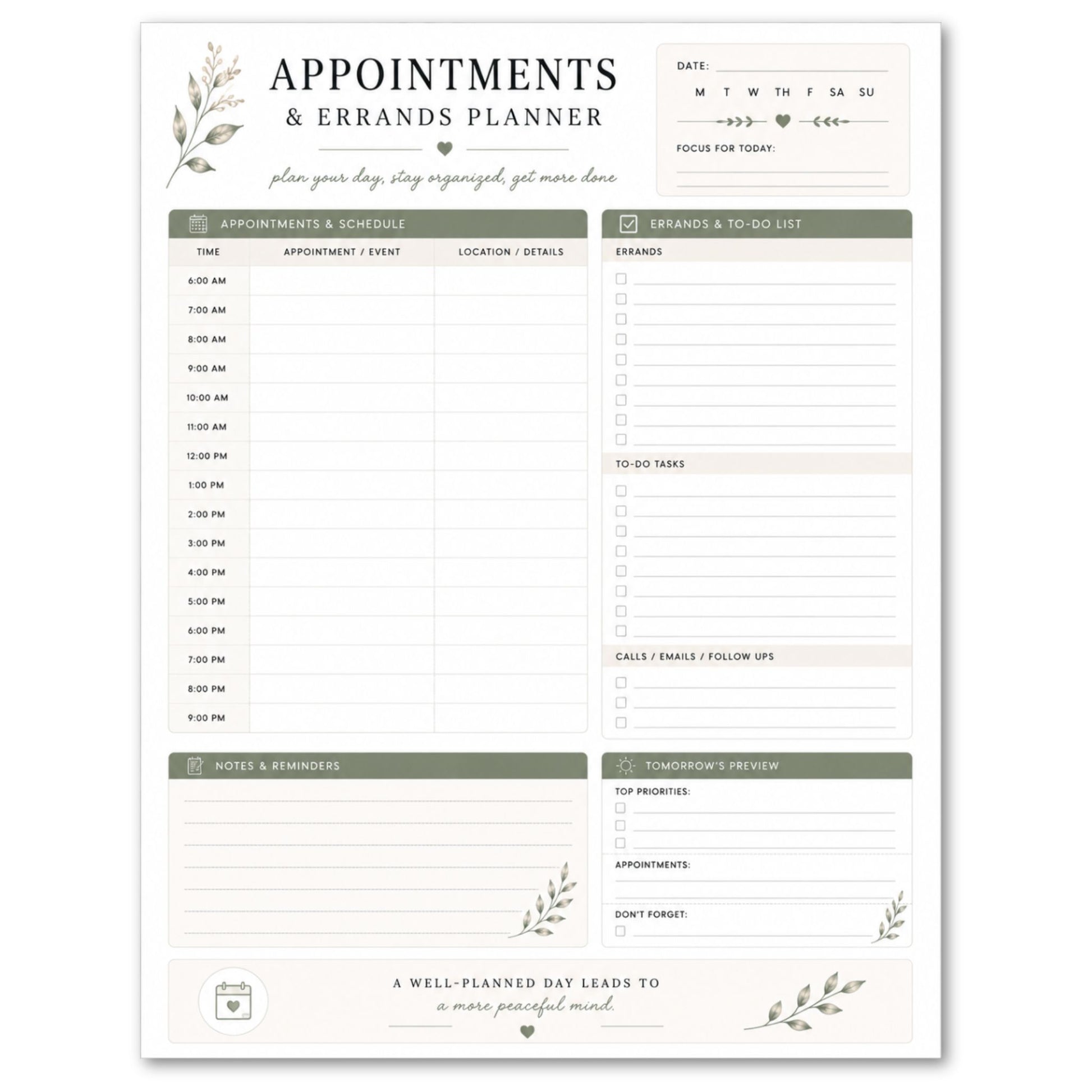 Appointments and errands planner with a white background