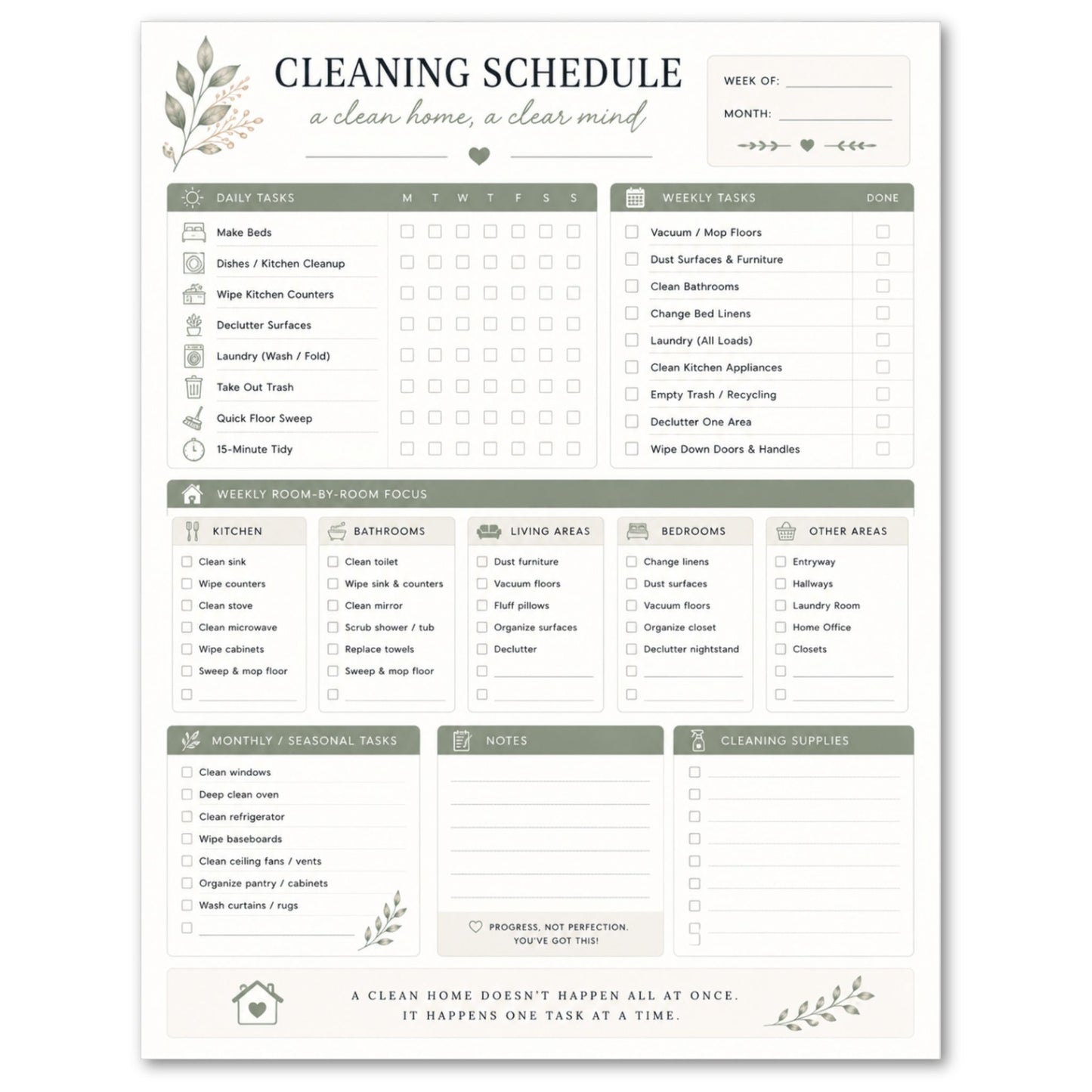 Cleaning schedule template with checkboxes and task lists on a white background