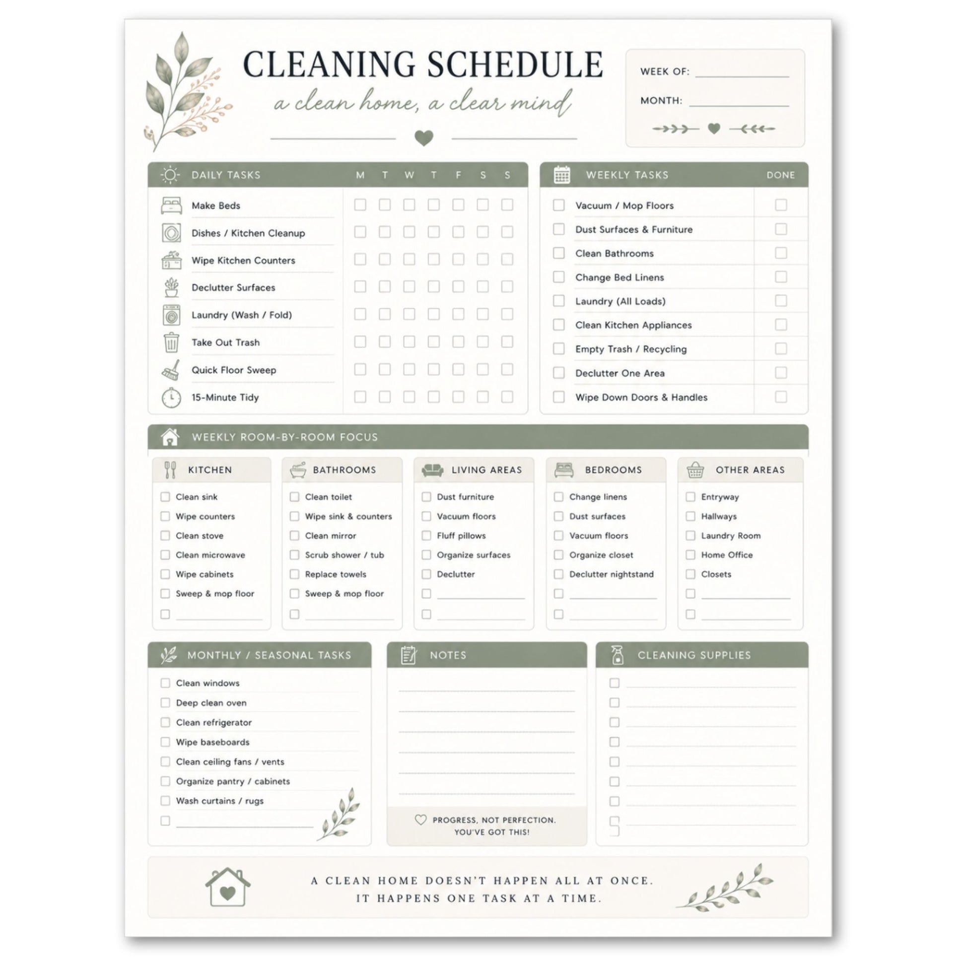 Cleaning schedule template with checkboxes and task lists on a white background