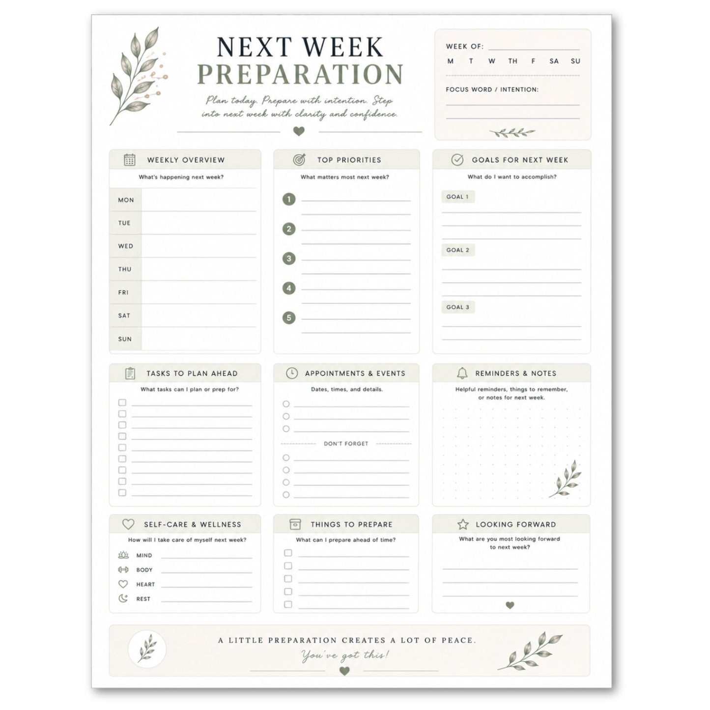 Weekly planning sheet titled 'Next Week Preparation' with various sections for planning and goals.