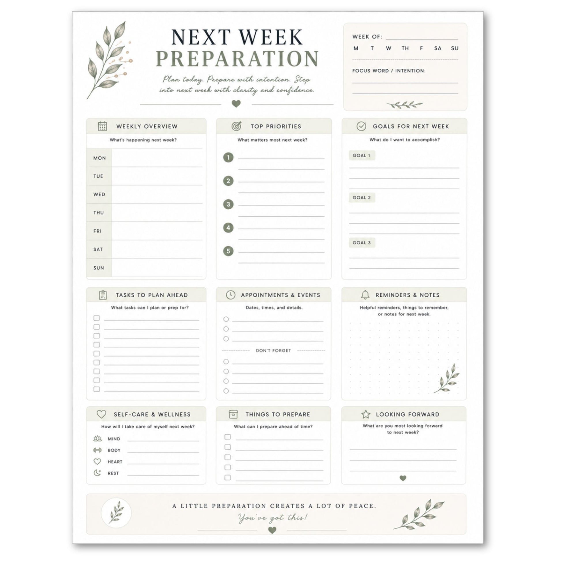 Weekly planning sheet titled 'Next Week Preparation' with various sections for planning and goals.