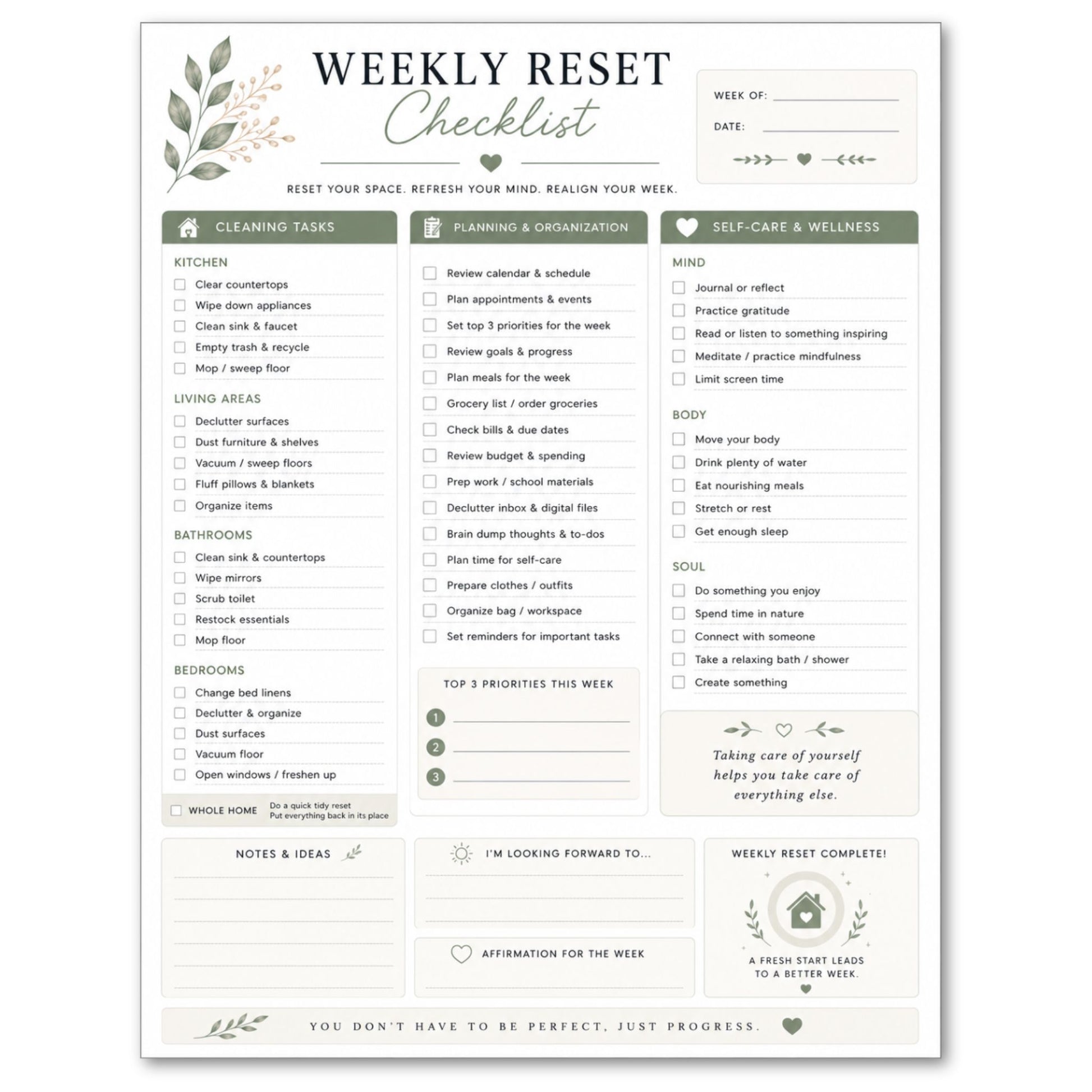 Weekly Reset Checklist planner page on white background