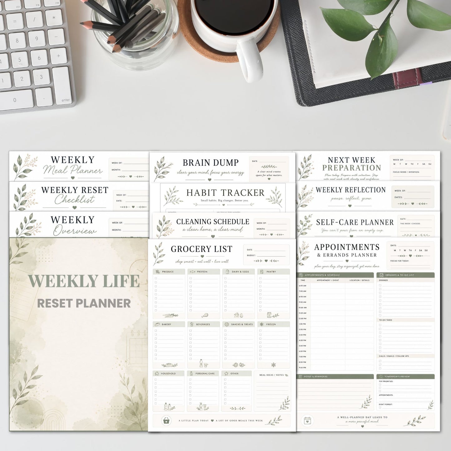 Weekly life reset planner with various sections on a white surface with office supplies.