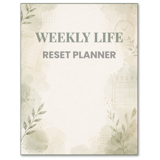 Planner cover with 'Weekly Life Reset Planner' text and decorative elements on a light background