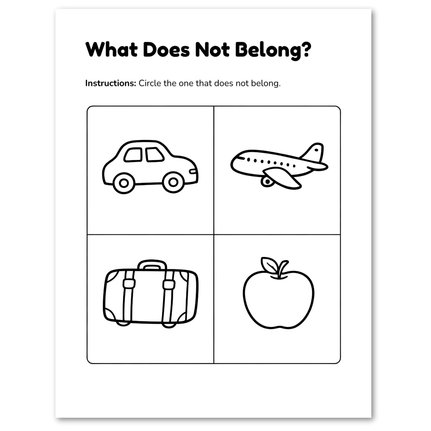 Educational worksheet titled 'What Does Not Belong?' with four items to circle.