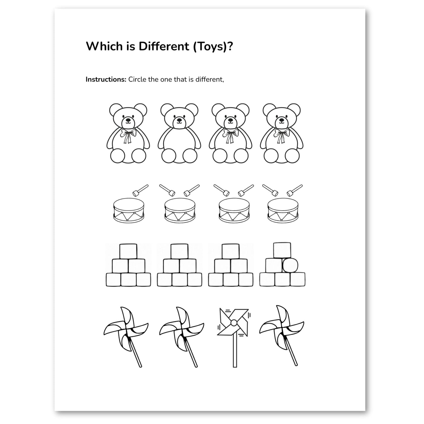 Worksheet for children to identify the different toy among a set of teddy bears and drums.