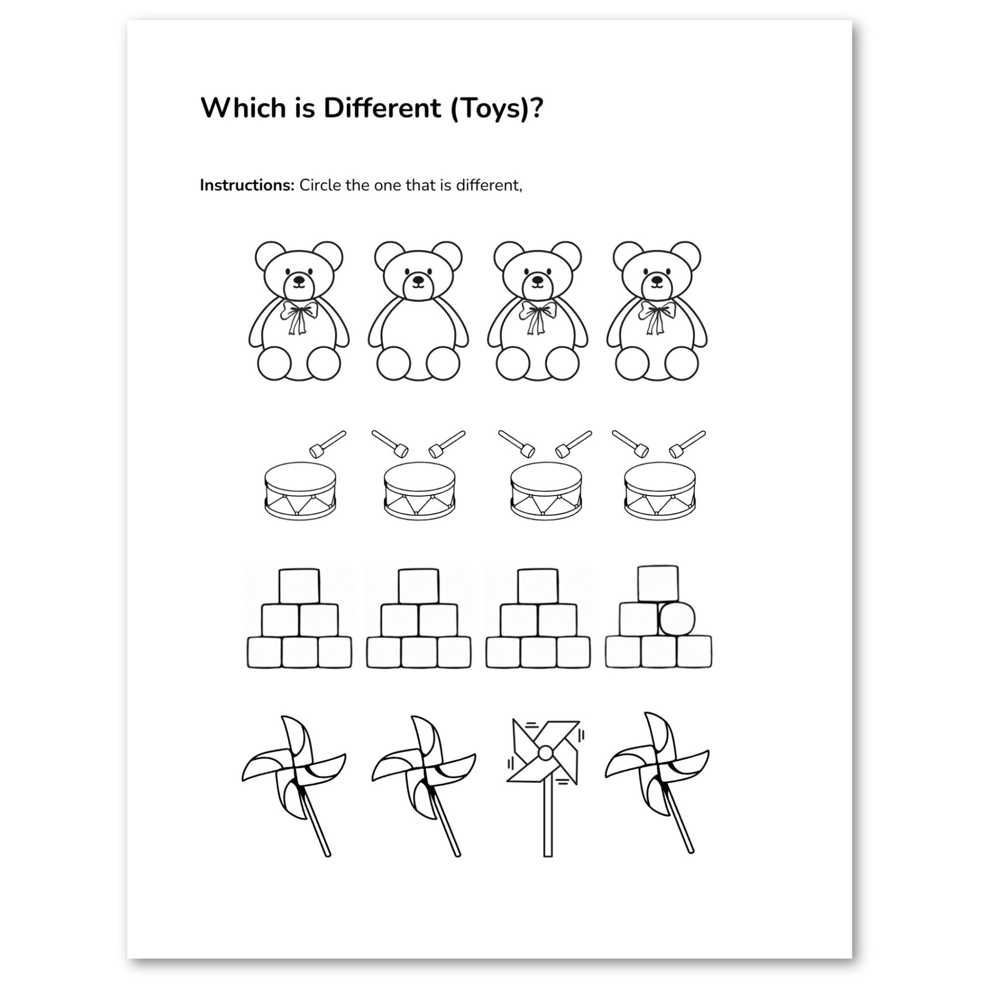 Worksheet for children to identify the different toy among a set of teddy bears and drums.