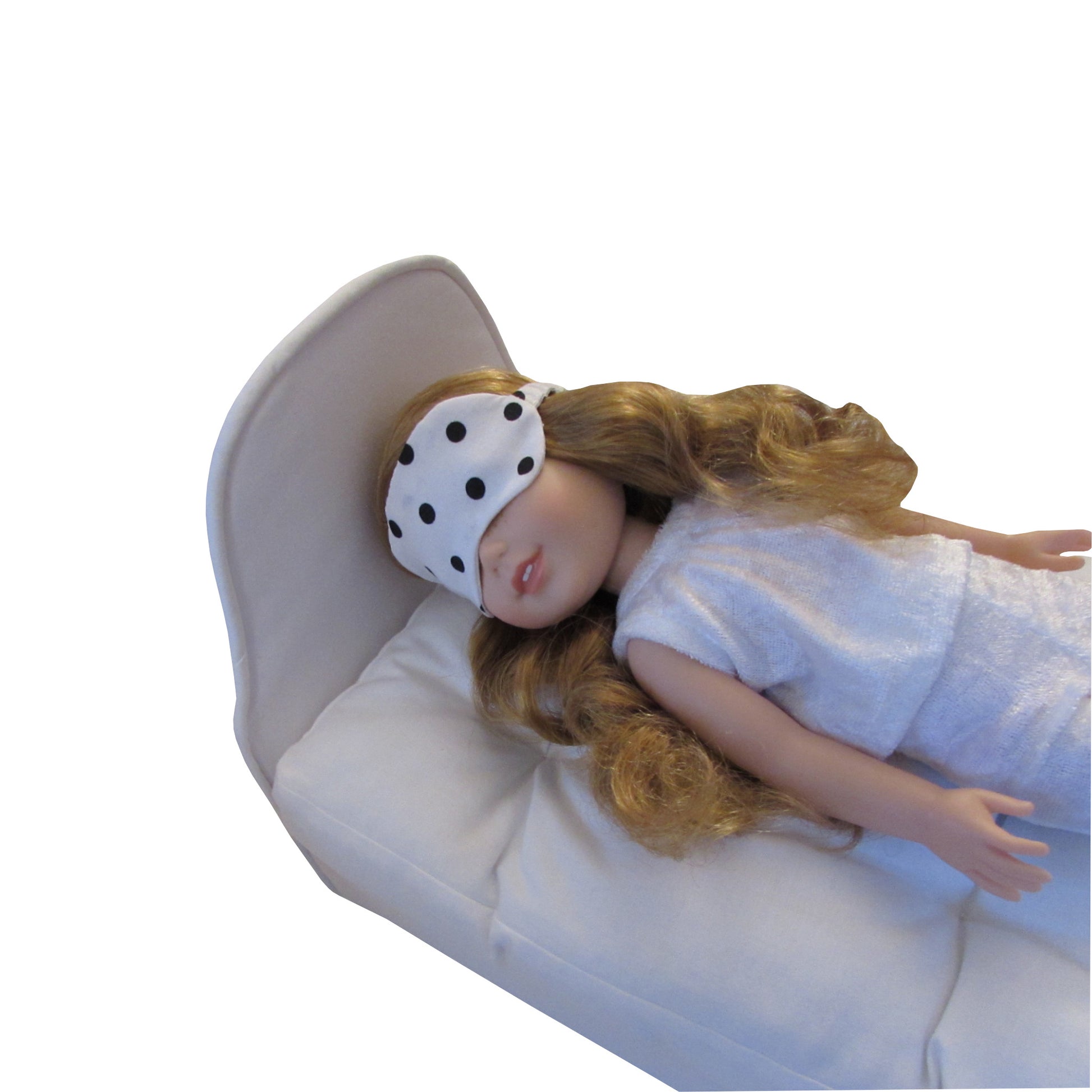 White Black Dots Doll Sleep Mask, White Doll Bed, Doll, White Pajamas for 14 1/2-inch dolls Second view