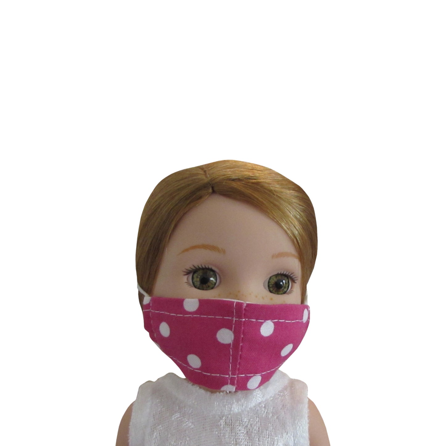 White Dots on Dark Pink Print Doll Face Mask for 14 1/2-inch dolls with Wellie Wishers doll Front