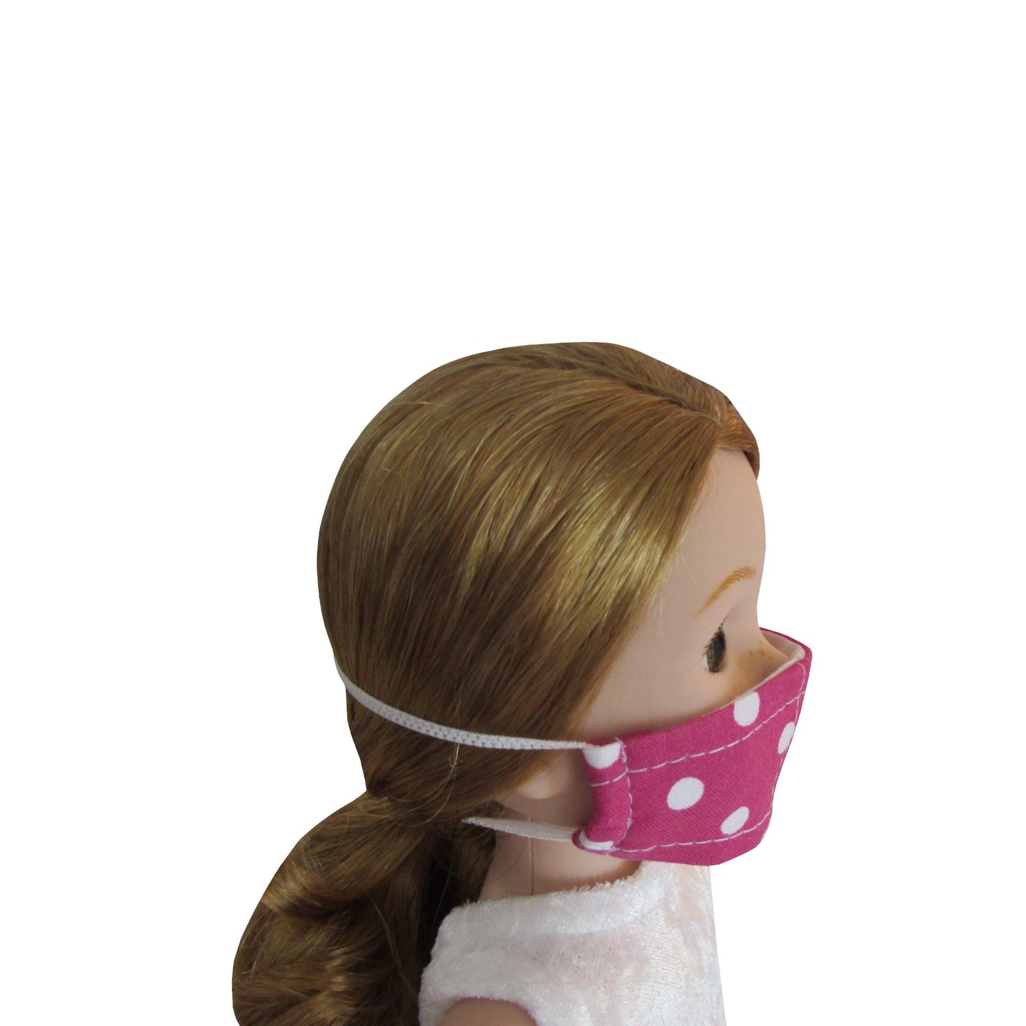 White Dots on Dark Pink Print Doll Face Mask for 14 1/2-inch dolls with Wellie Wishers doll Side