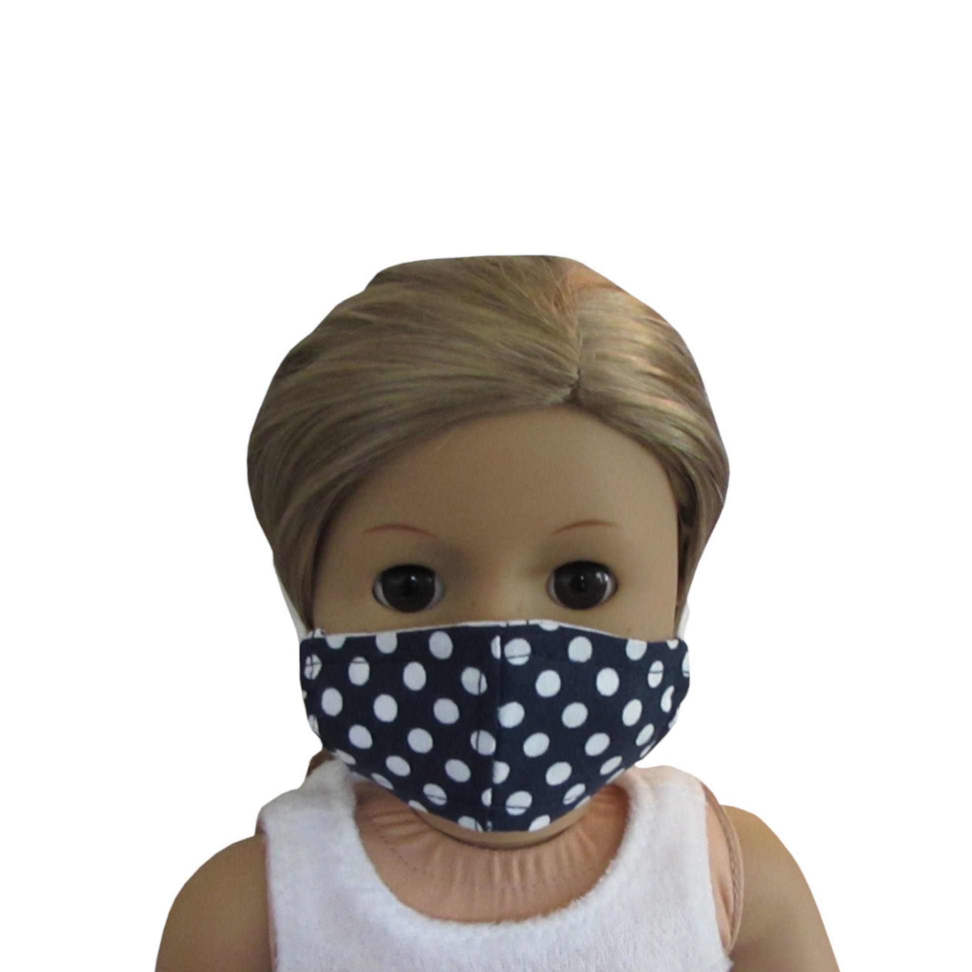 White Dots on Navy Print for 18-inch dolls with American Girl doll Front