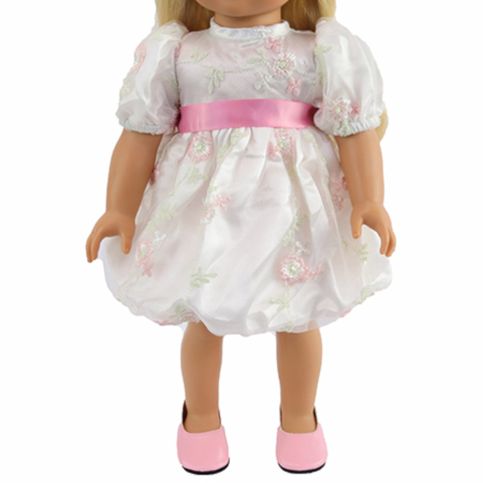 White Easter Dress with Floral Embroidery for 18-inch dolls with doll