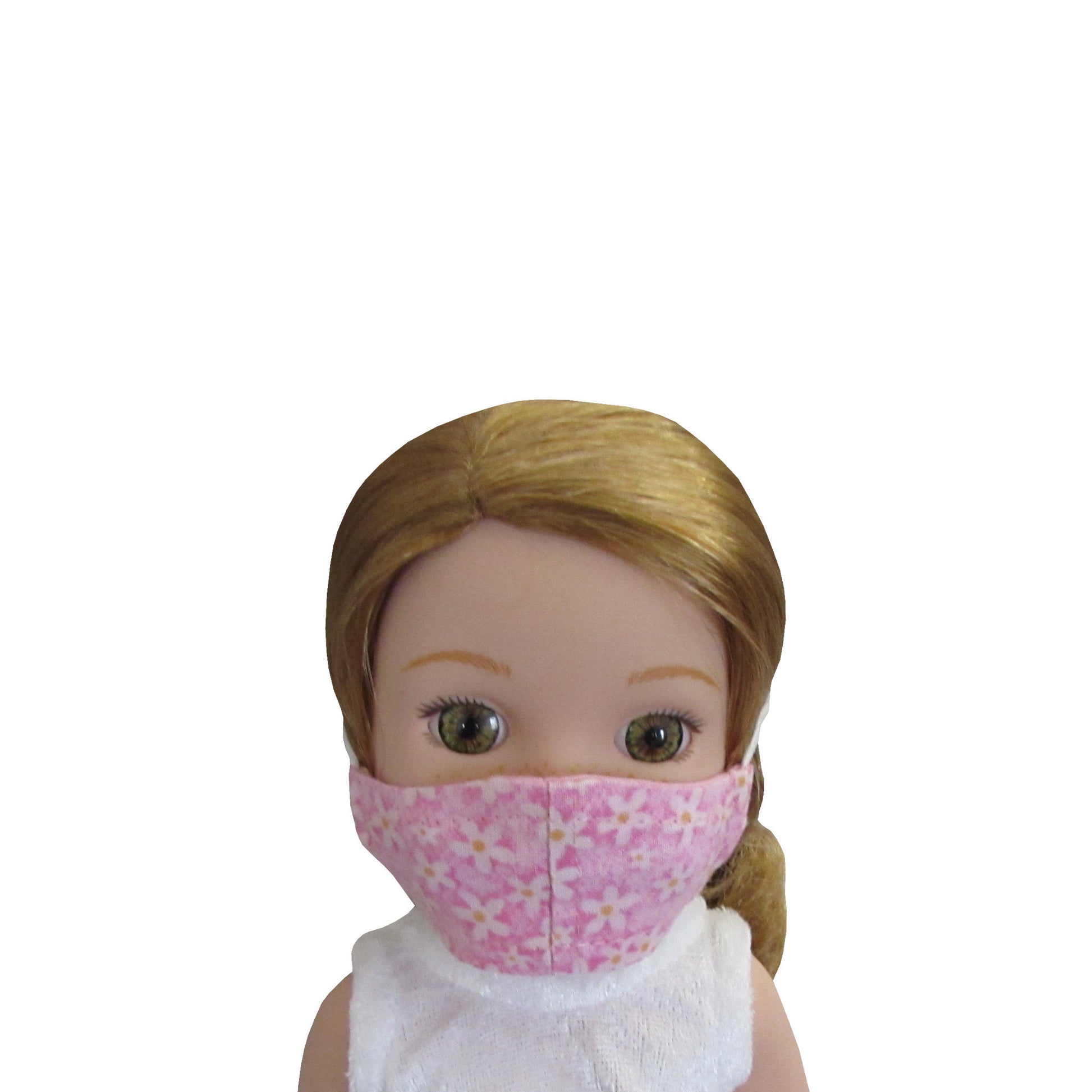 White Flowers on Pink Floral Print Doll Face Mask for 14 1/2-inch dolls with Wellie Wishers doll Front