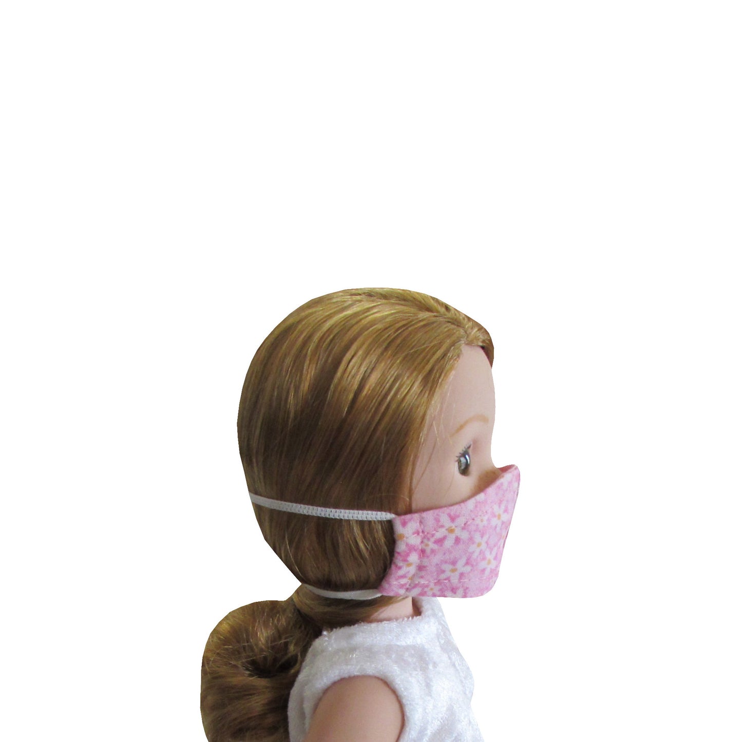 White Flowers on Pink Floral Print Doll Face Mask for 14 1/2-inch dolls with Wellie Wishers doll Side