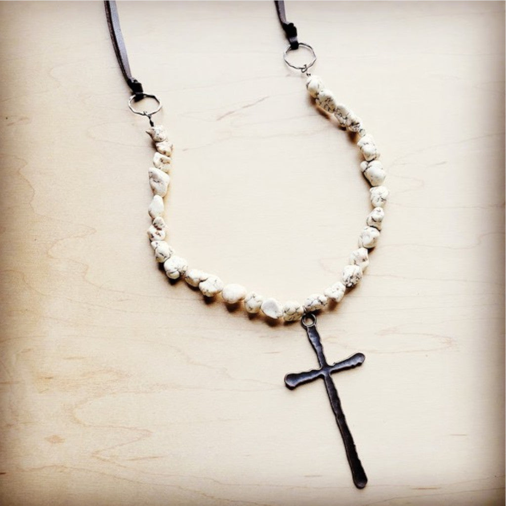 White Turquoise Necklace with Large Copper Cross