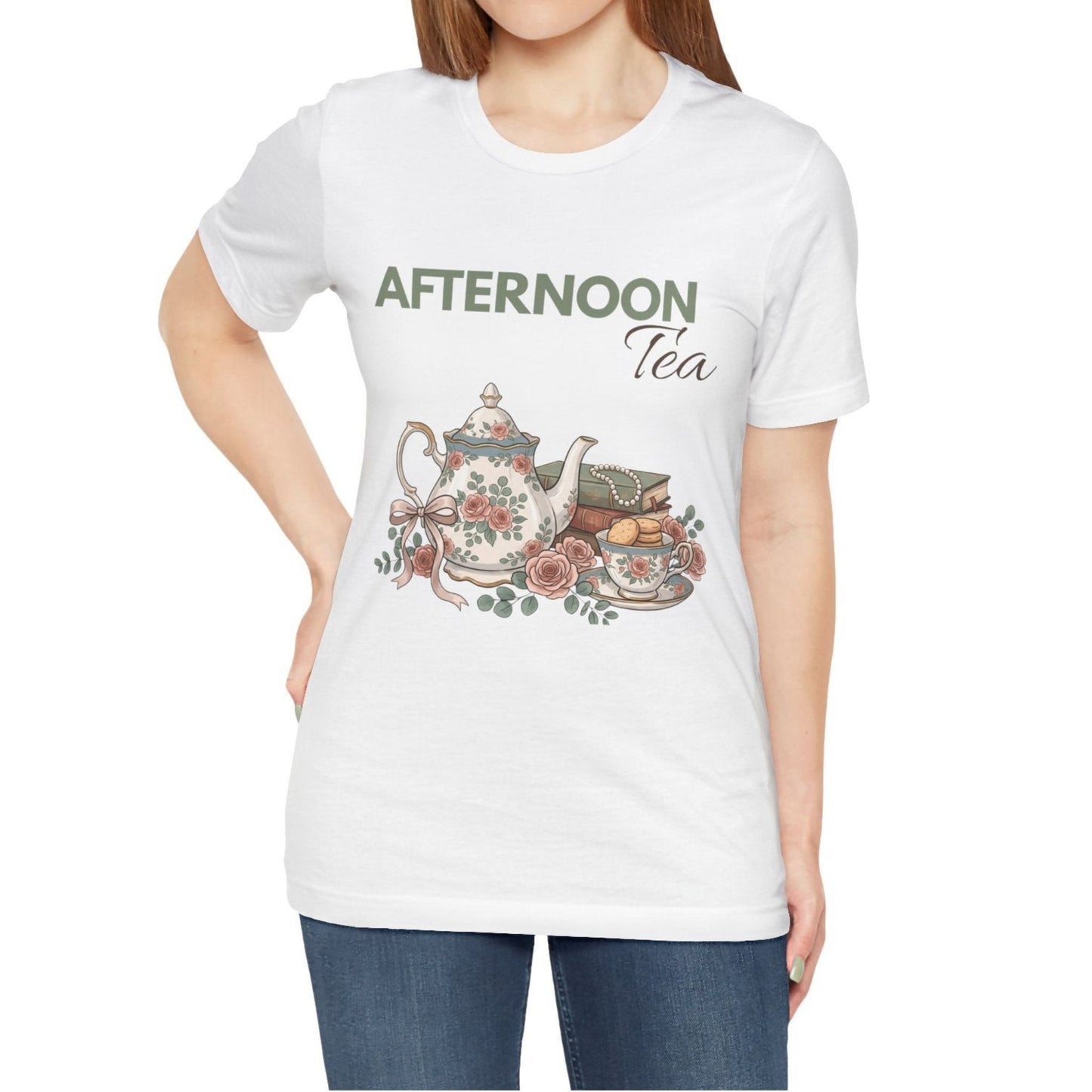 A woman is wearing a white t-shirt with 'AFTERNOON Tea' on the front.