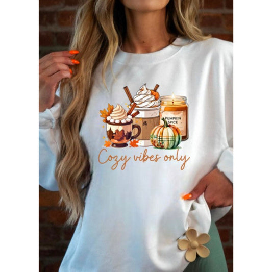 White sweatshirt with pumpkin spice-themed graphics and 'Cozy vibes only' text.