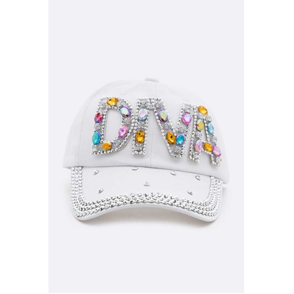 White DIVA Crystal Embellished Denim Cap Front view
