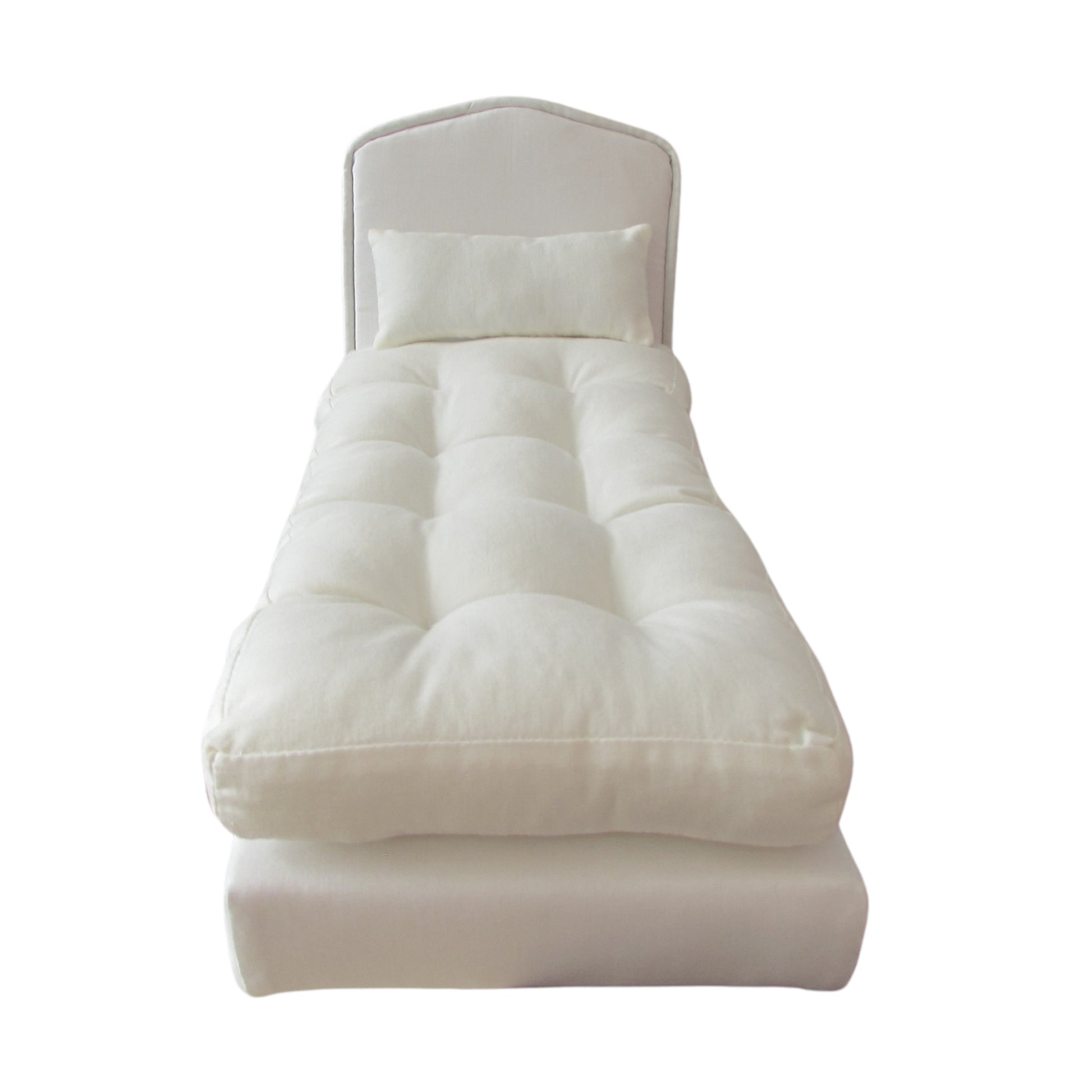 White Doll Bed and Doll Mattress for 11 1/2 inch dolls Front view