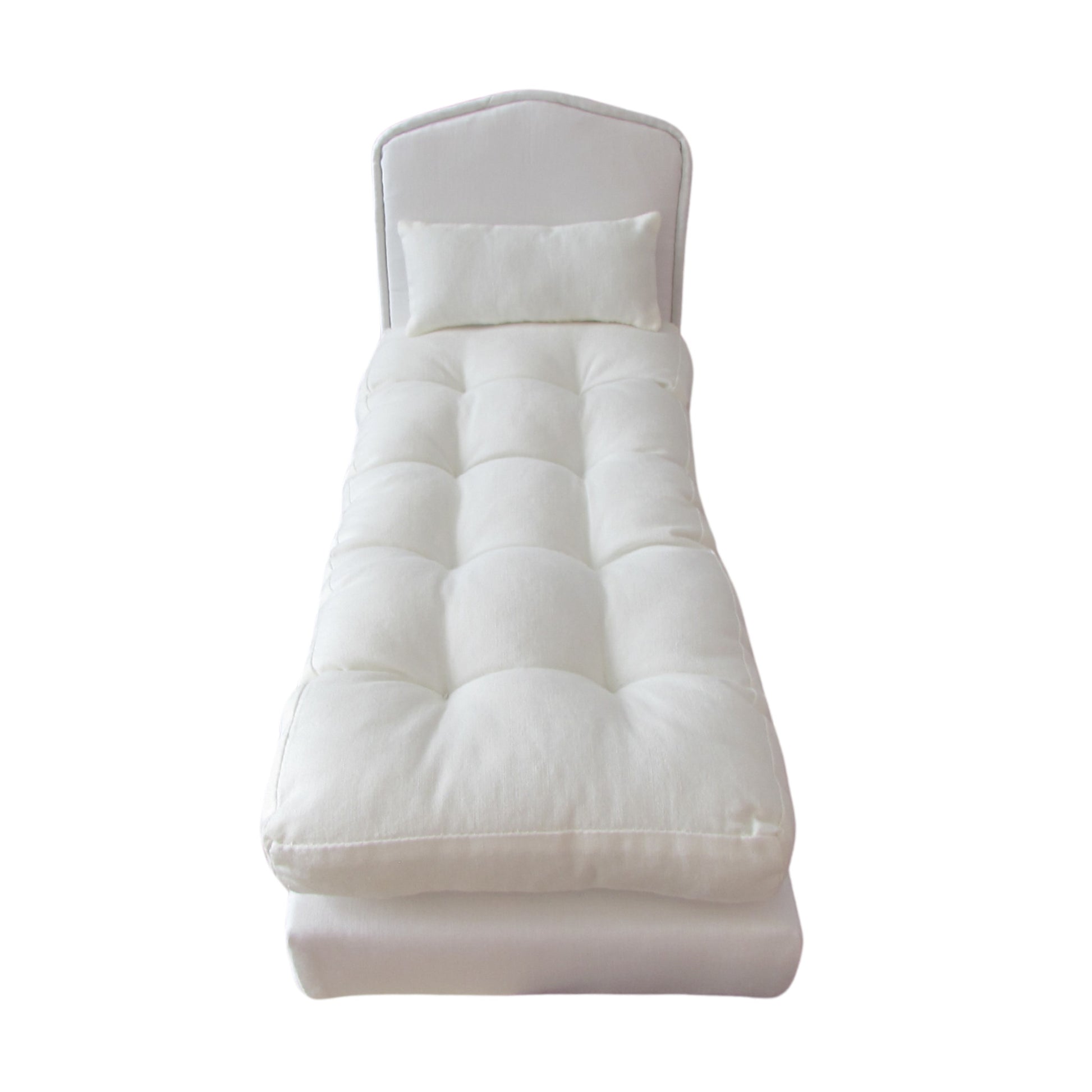 White Doll Bed and Doll Mattress for 11 1/2 inch dolls Front view Up Close