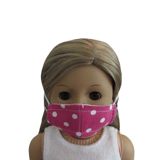 White Dots on Dark Pink Print Doll Face Mask for 18 inch dolls with doll Front view
