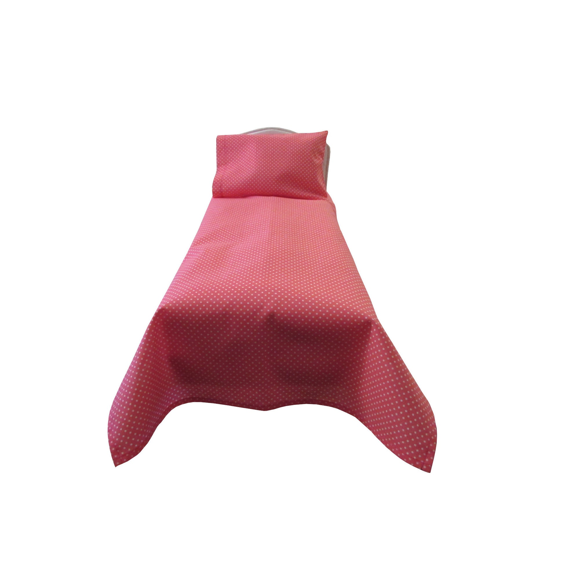 White Dots on Pink Sheet Set for 14 1/2 inch dolls Front view