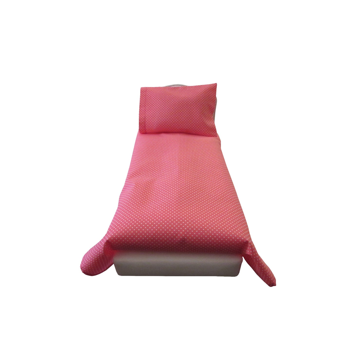 White Dots on Pink Sheet Set for 14 1/2 inch dolls Front view Bottom Tucked Underneath Mattress