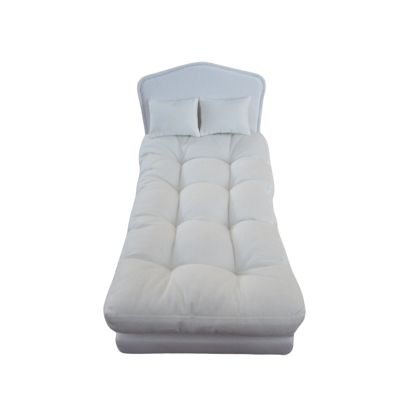 White Double Doll Bed, Pillows, and Mattress for 11 1/2 inch dolls Front view Up Close